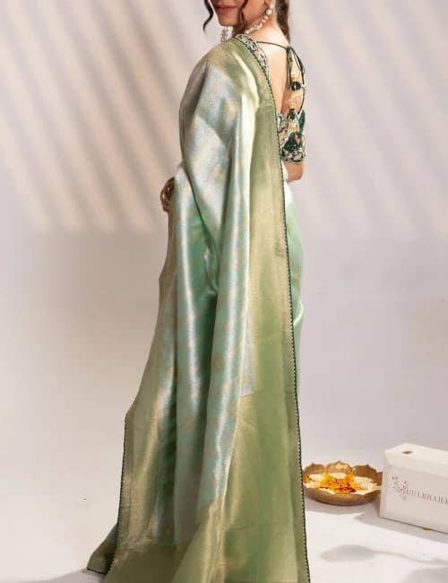 Green Banarasi Saree with Zari Embroidery - 9