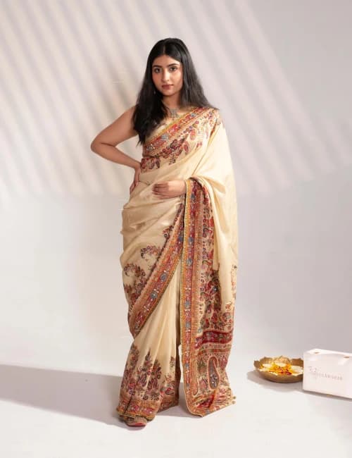 Cream Art Silk Saree & Rani Pink Blouse - 1