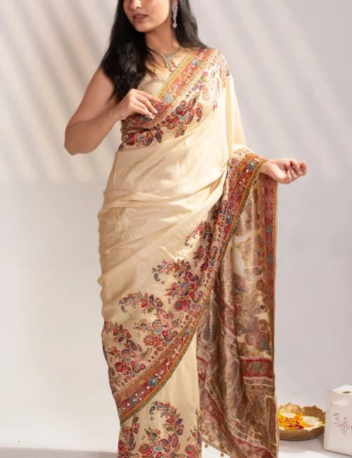 Cream Art Silk Saree & Rani Pink Blouse - 3
