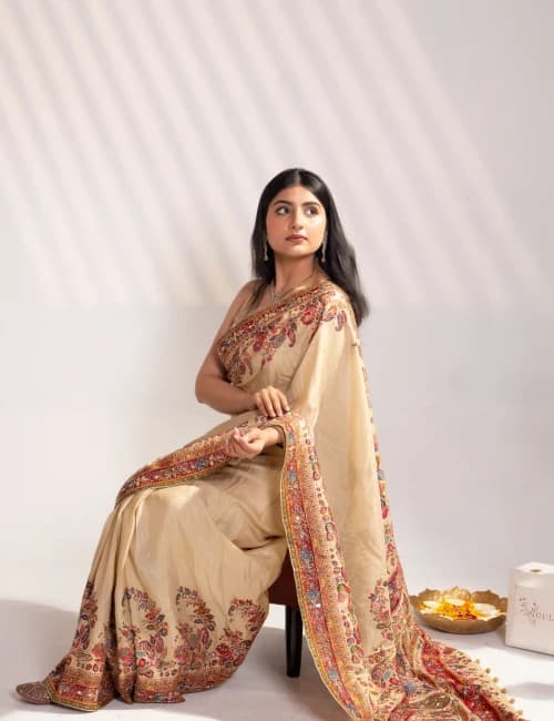 Cream Art Silk Saree & Rani Pink Blouse - 4