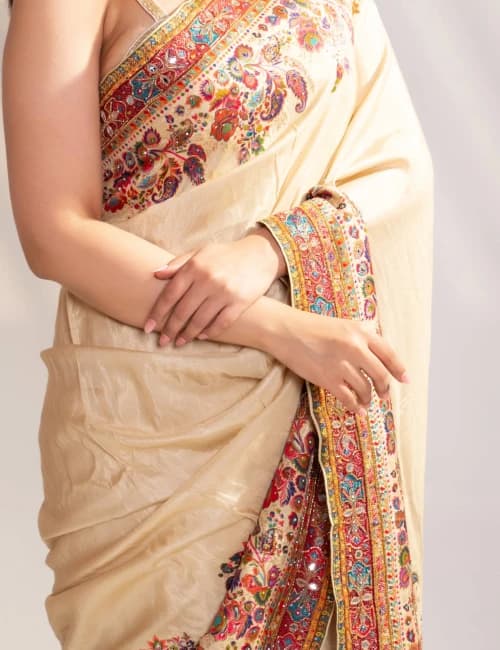 Cream Art Silk Saree & Rani Pink Blouse - 6