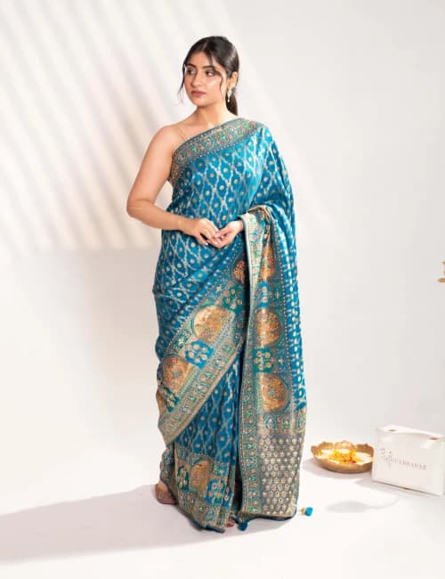 Royal Peacock Teal Banarasi Silk Saree - 1