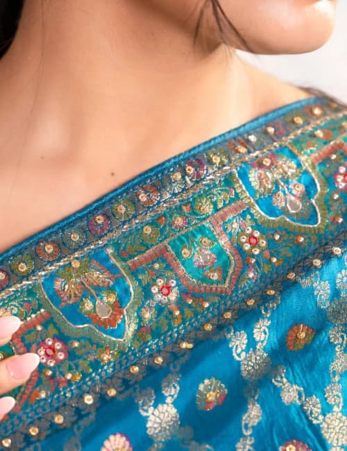 Royal Peacock Teal Banarasi Silk Saree - 3