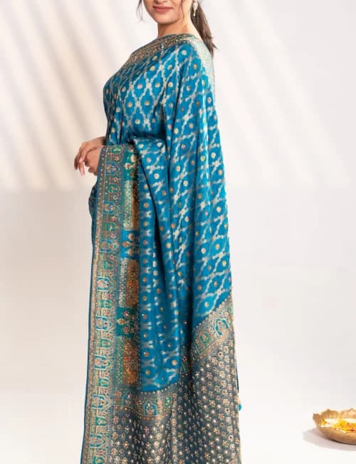 Royal Peacock Teal Banarasi Silk Saree - 7