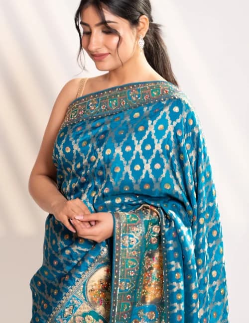 Royal Peacock Teal Banarasi Silk Saree - 8