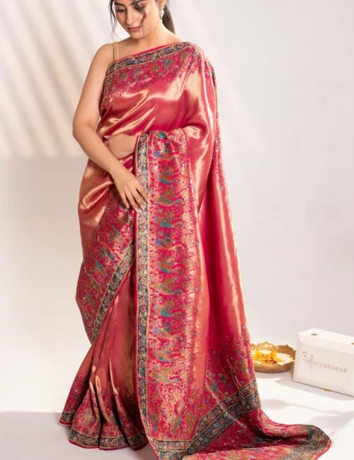 Bright Rani Pink Banarasi Silk Saree with Peacock Motifs & Tassel Pallu - 3