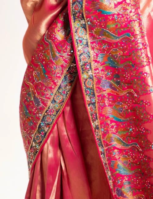 Bright Rani Pink Banarasi Silk Saree with Peacock Motifs & Tassel Pallu - 6