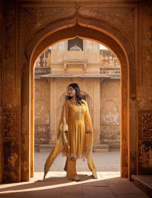 Mustard Gold Embroidered Kurta Set with Dupatta (Set of 3) - 1