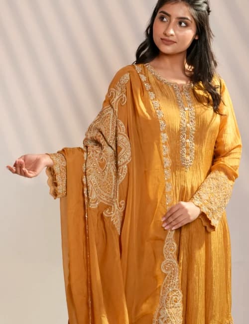 Mustard Gold Embroidered Kurta Set with Dupatta (Set of 3) - 2