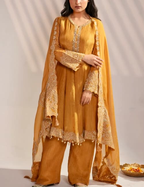 Mustard Gold Embroidered Kurta Set with Dupatta (Set of 3) - 4