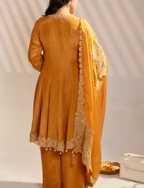 Mustard Gold Embroidered Kurta Set with Dupatta (Set of 3) - 5