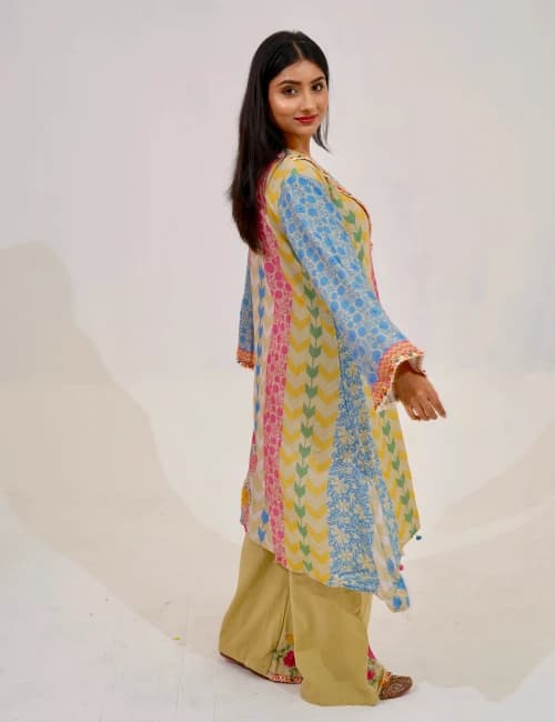 Pastel Patchwork Kurta Set with Floral Dupatta (Set of 3) - 2