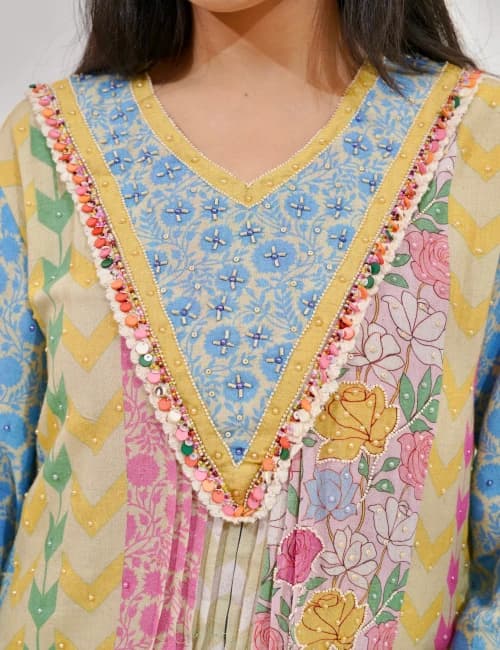 Pastel Patchwork Kurta Set with Floral Dupatta (Set of 3) - 3