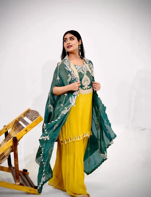 Light Mustard Tissue Silk A-line Suit Set with Dupatta (Set of 3) - 2