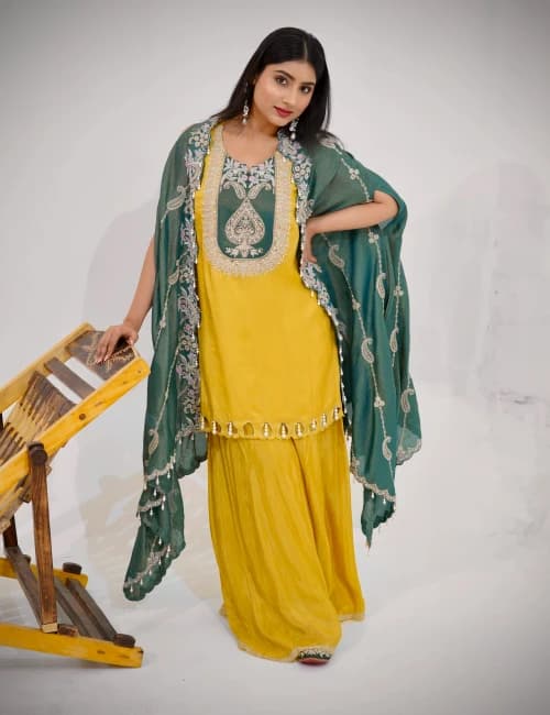 Light Mustard Tissue Silk A-line Suit Set with Dupatta (Set of 3) - 3