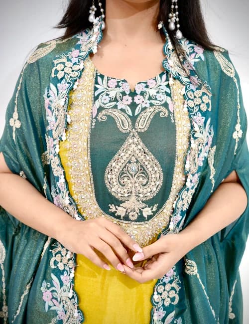 Light Mustard Tissue Silk A-line Suit Set with Dupatta (Set of 3) - 4