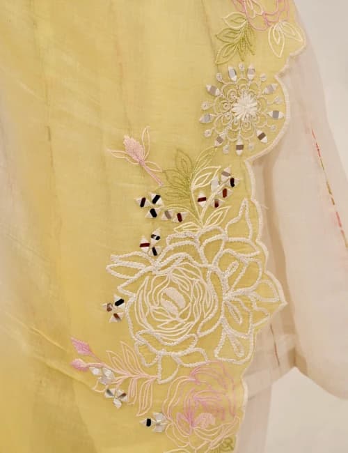 Ivory Blossom Kurta Set with Lemon Dupatta (Set of 3) - 4