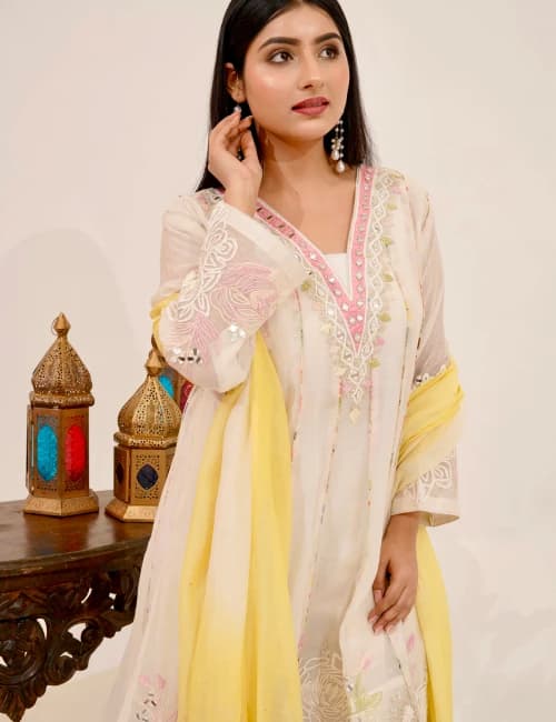 Ivory Blossom Kurta Set with Lemon Dupatta (Set of 3) - 5