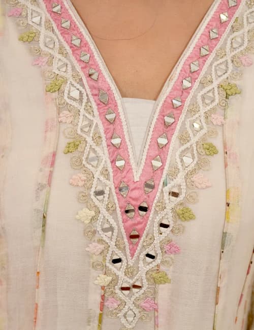 Ivory Blossom Kurta Set with Lemon Dupatta (Set of 3) - 8