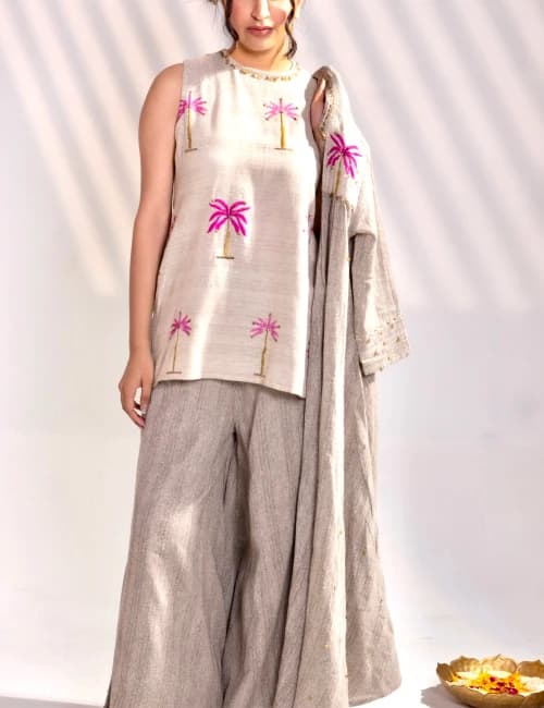 Natural Beige Palm Embroidered Co-Ord Set with Overlay Jacket (Set of 3) - 1