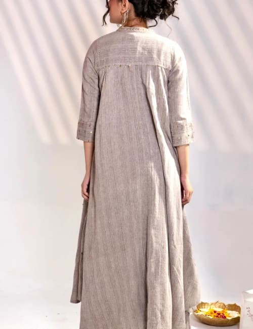 Natural Beige Palm Embroidered Co-Ord Set with Overlay Jacket (Set of 3) - 2