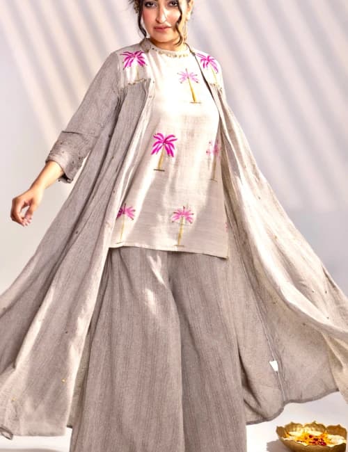 Natural Beige Palm Embroidered Co-Ord Set with Overlay Jacket (Set of 3) - 3