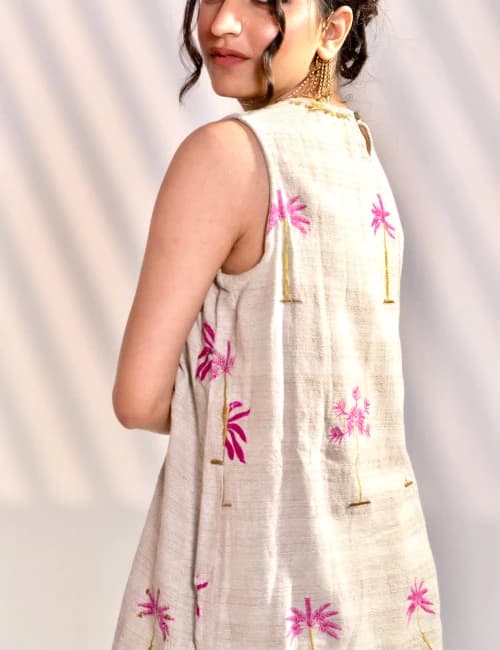 Natural Beige Palm Embroidered Co-Ord Set with Overlay Jacket (Set of 3) - 4