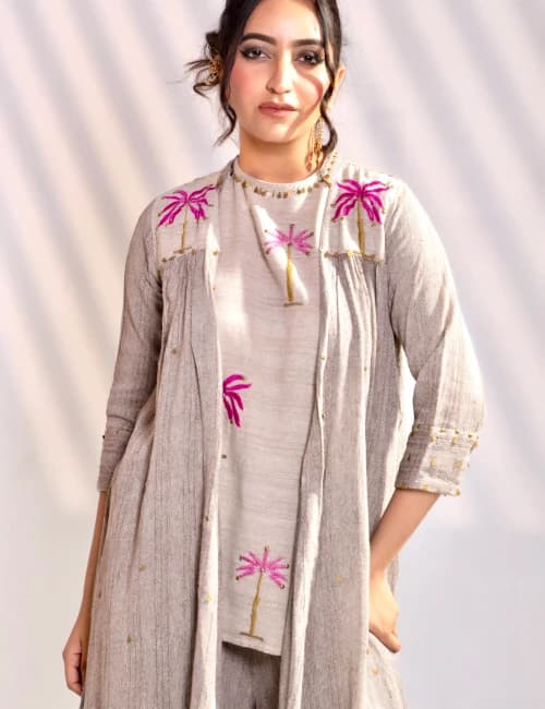 Natural Beige Palm Embroidered Co-Ord Set with Overlay Jacket (Set of 3) - 7