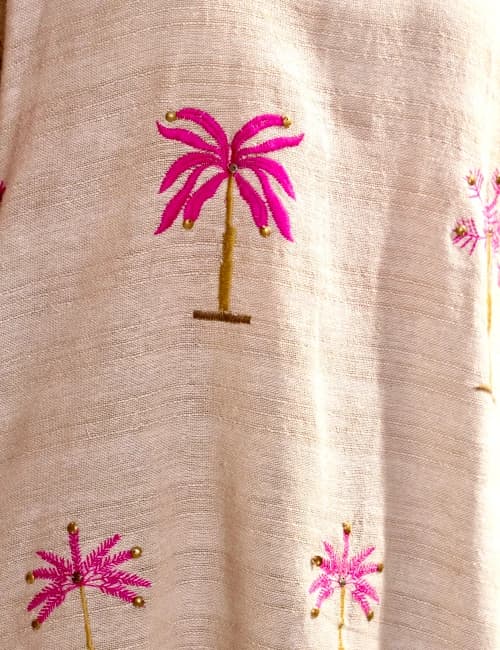 Natural Beige Palm Embroidered Co-Ord Set with Overlay Jacket (Set of 3) - 8