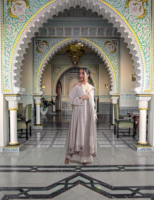 Sand Beige Khadi Embroidered Maxi Dress with Long Overlay Jacket (Set of 2) - 1