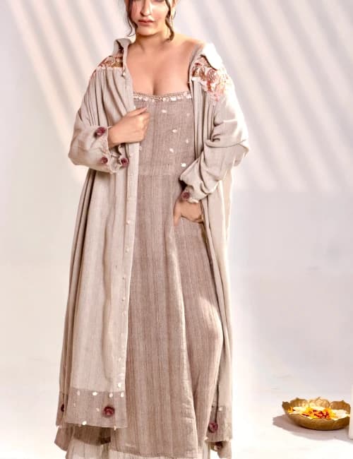 Sand Beige Khadi Embroidered Maxi Dress with Long Overlay Jacket (Set of 2) - 2