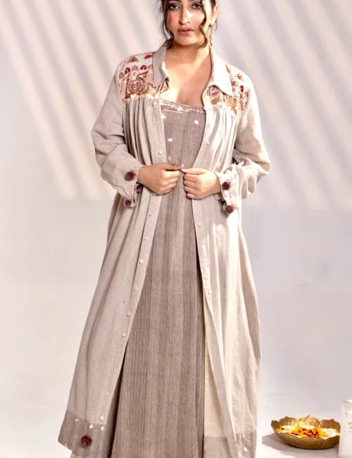 Sand Beige Khadi Embroidered Maxi Dress with Long Overlay Jacket (Set of 2) - 3
