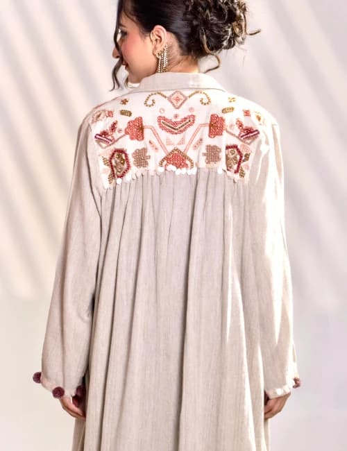 Sand Beige Khadi Embroidered Maxi Dress with Long Overlay Jacket (Set of 2) - 4