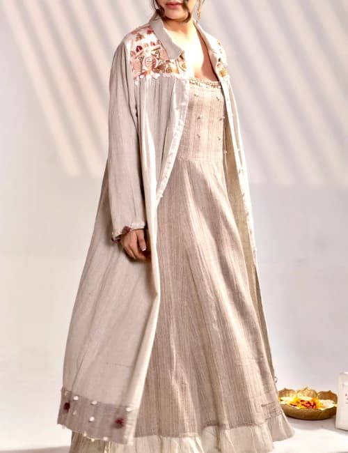 Sand Beige Khadi Embroidered Maxi Dress with Long Overlay Jacket (Set of 2) - 5