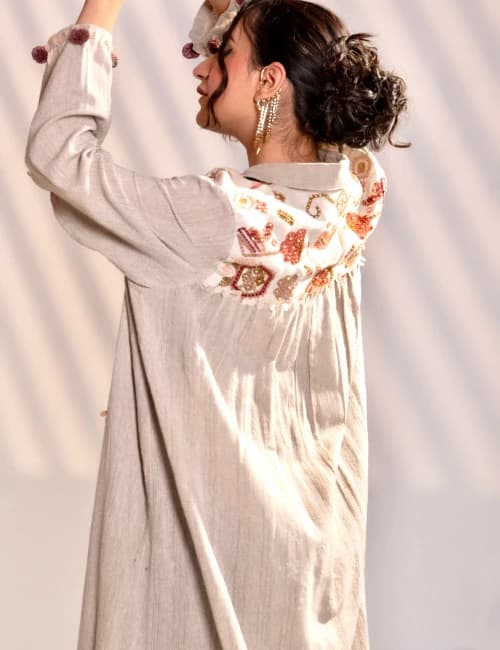 Sand Beige Khadi Embroidered Maxi Dress with Long Overlay Jacket (Set of 2) - 6