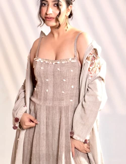 Sand Beige Khadi Embroidered Maxi Dress with Long Overlay Jacket (Set of 2) - 7