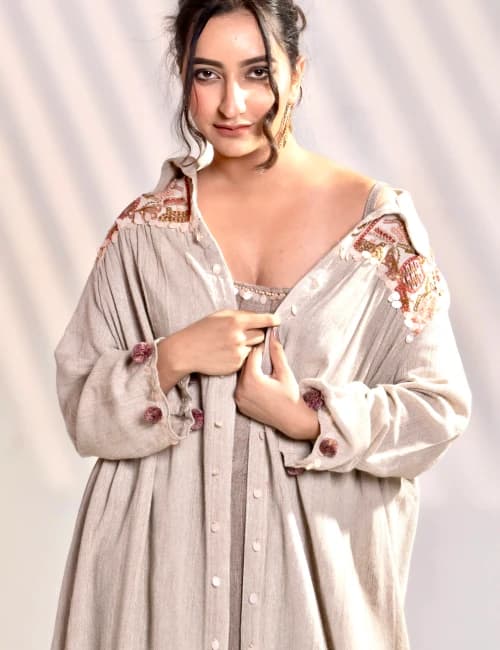 Sand Beige Khadi Embroidered Maxi Dress with Long Overlay Jacket (Set of 2) - 8