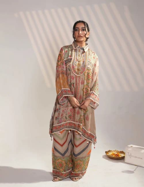 Multicolor Printed Kurta Set with Wide-Leg Palazzo (Set of 2) - 1