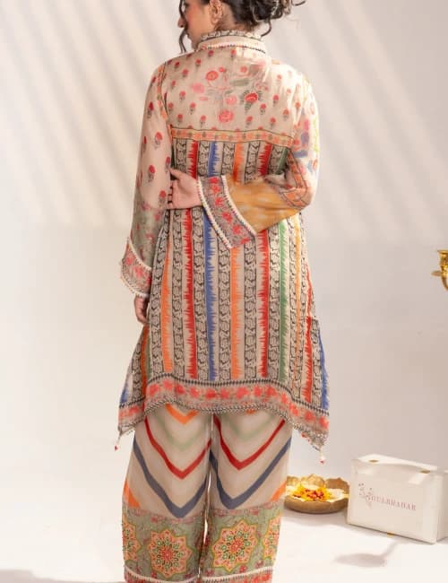 Multicolor Printed Kurta Set with Wide-Leg Palazzo (Set of 2) - 3
