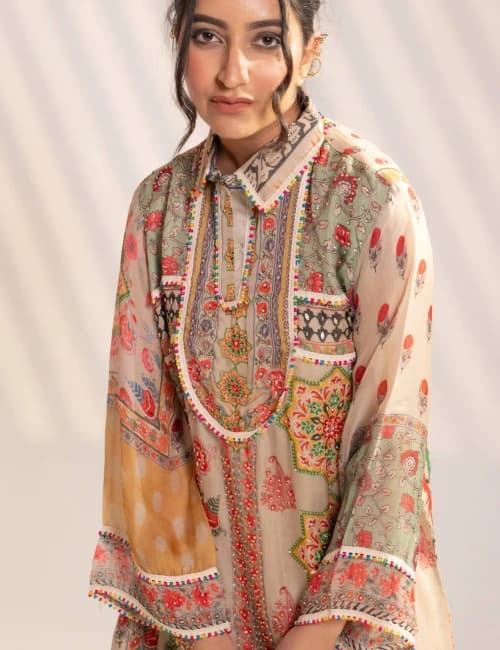 Multicolor Printed Kurta Set with Wide-Leg Palazzo (Set of 2) - 5