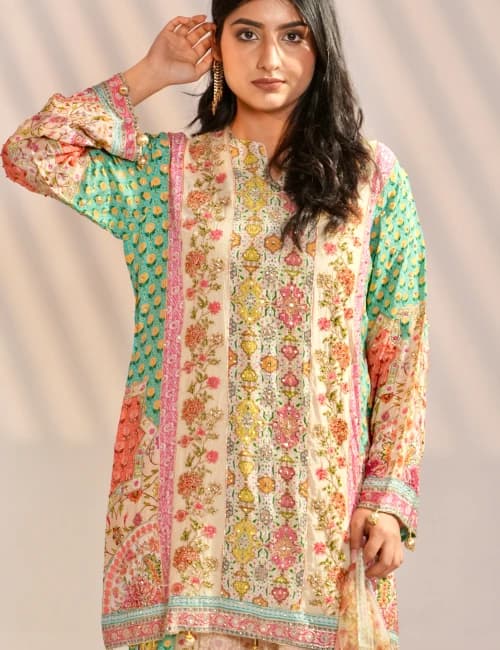 Pastel Floral Printed Kurta Set with Dupatta (Set of 3) - 3