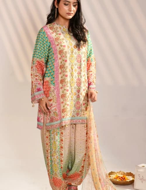 Pastel Floral Printed Kurta Set with Dupatta (Set of 3) - 4