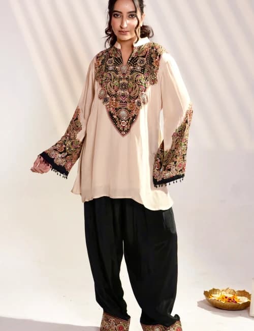 Beige & Black Embroidered Silk Kurta Set with Patiala Pants (Set of 2) - 1