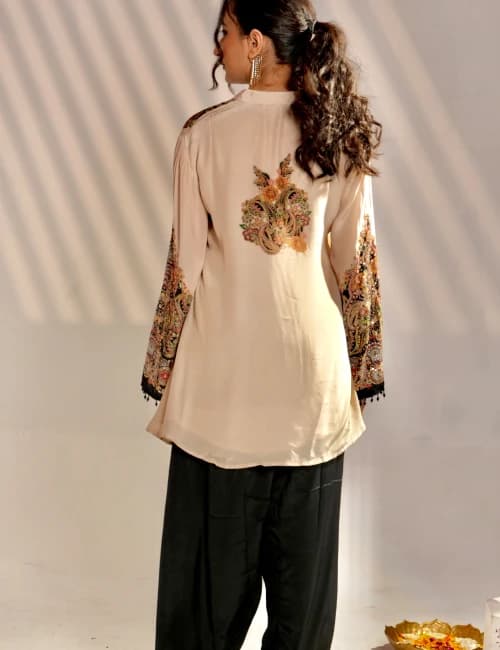Beige & Black Embroidered Silk Kurta Set with Patiala Pants (Set of 2) - 2