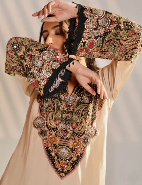 Beige & Black Embroidered Silk Kurta Set with Patiala Pants (Set of 2) - 3