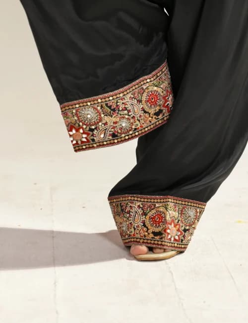 Beige & Black Embroidered Silk Kurta Set with Patiala Pants (Set of 2) - 4