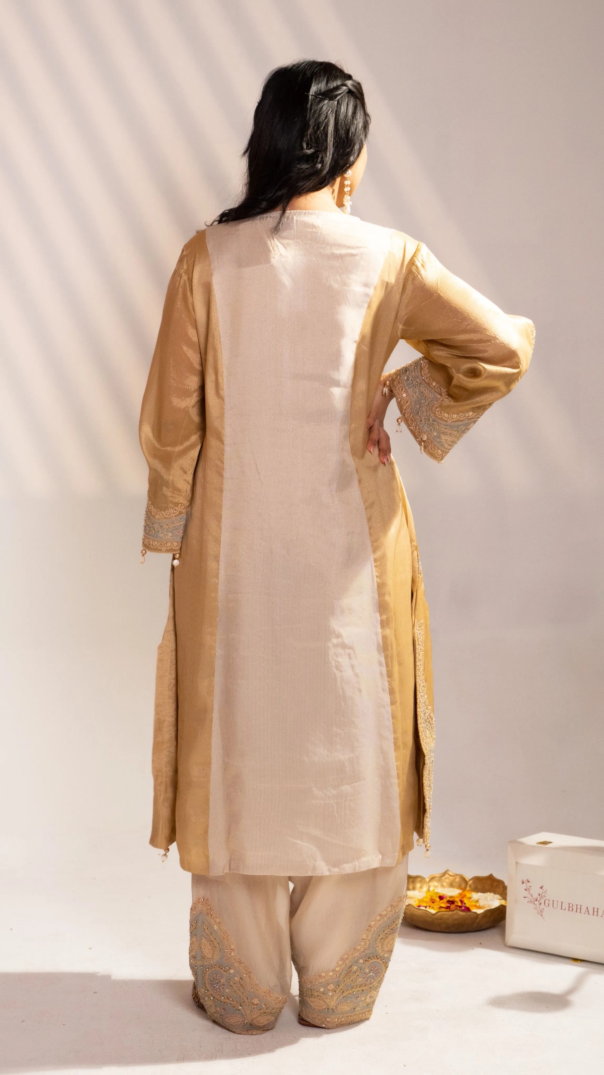 Ivory Gold Hand Embroidered Silk Kurta Set with Dupatta (Set of 3) - 3