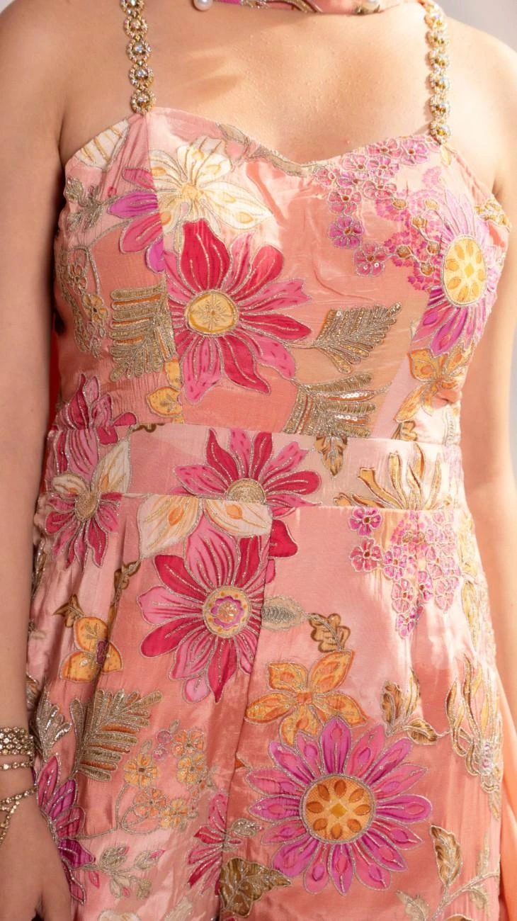 Blush Floral Embroidered Jumpsuit with Drape Dupatta - 3