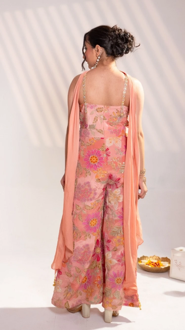 Blush Floral Embroidered Jumpsuit with Drape Dupatta - 6