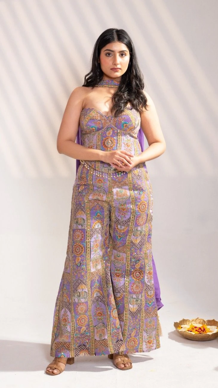 Lavender Embroidered Strapless Bustier, Straight Palazzo Pants with Dupatta (Set of 3) - collection image